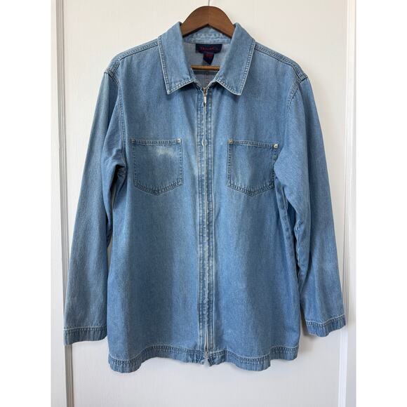 Denim & Co Blue Denium Zip Up Cotton Collared Shirt Size Large - Picture 2 of 12